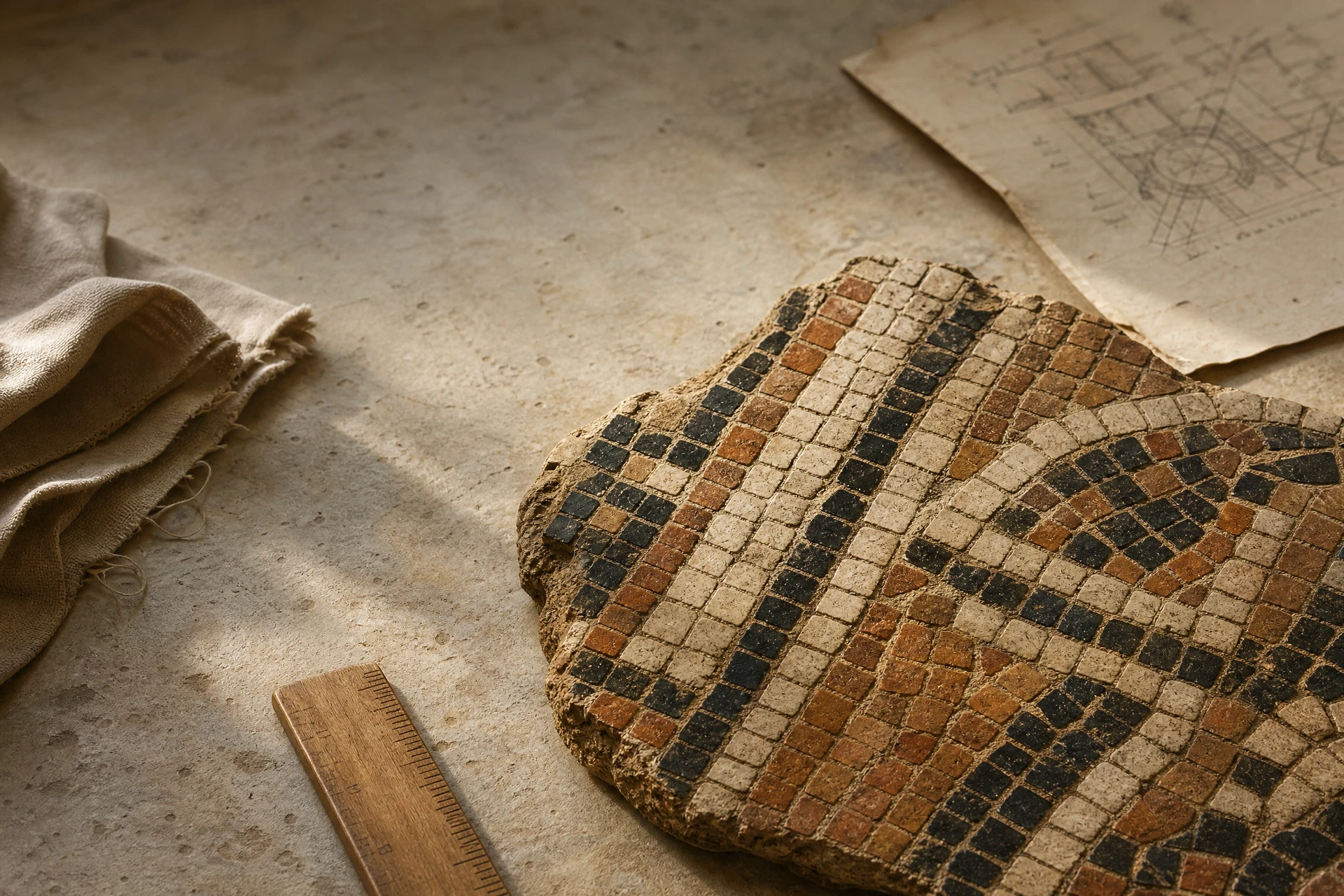 Mosaico romano en una mesa de restauración
