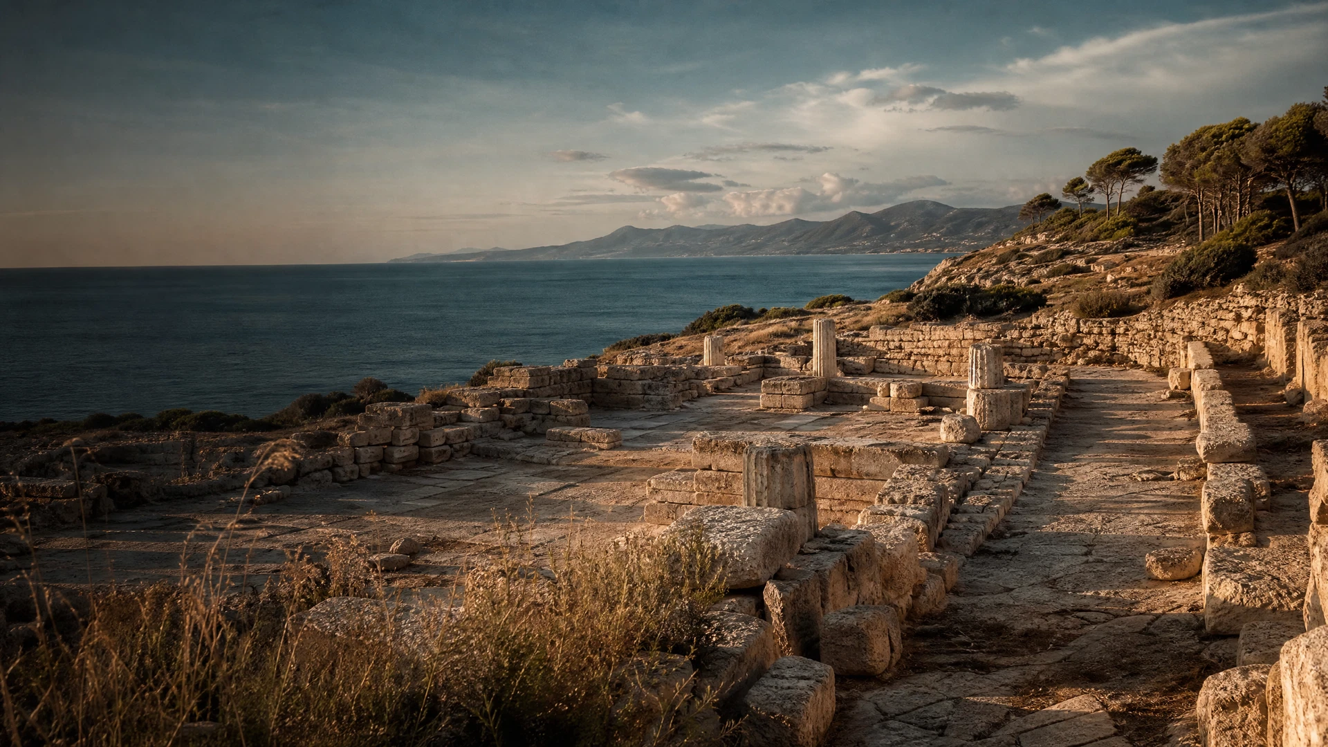 Paisaje arqueológico mediterráneo al amanecer