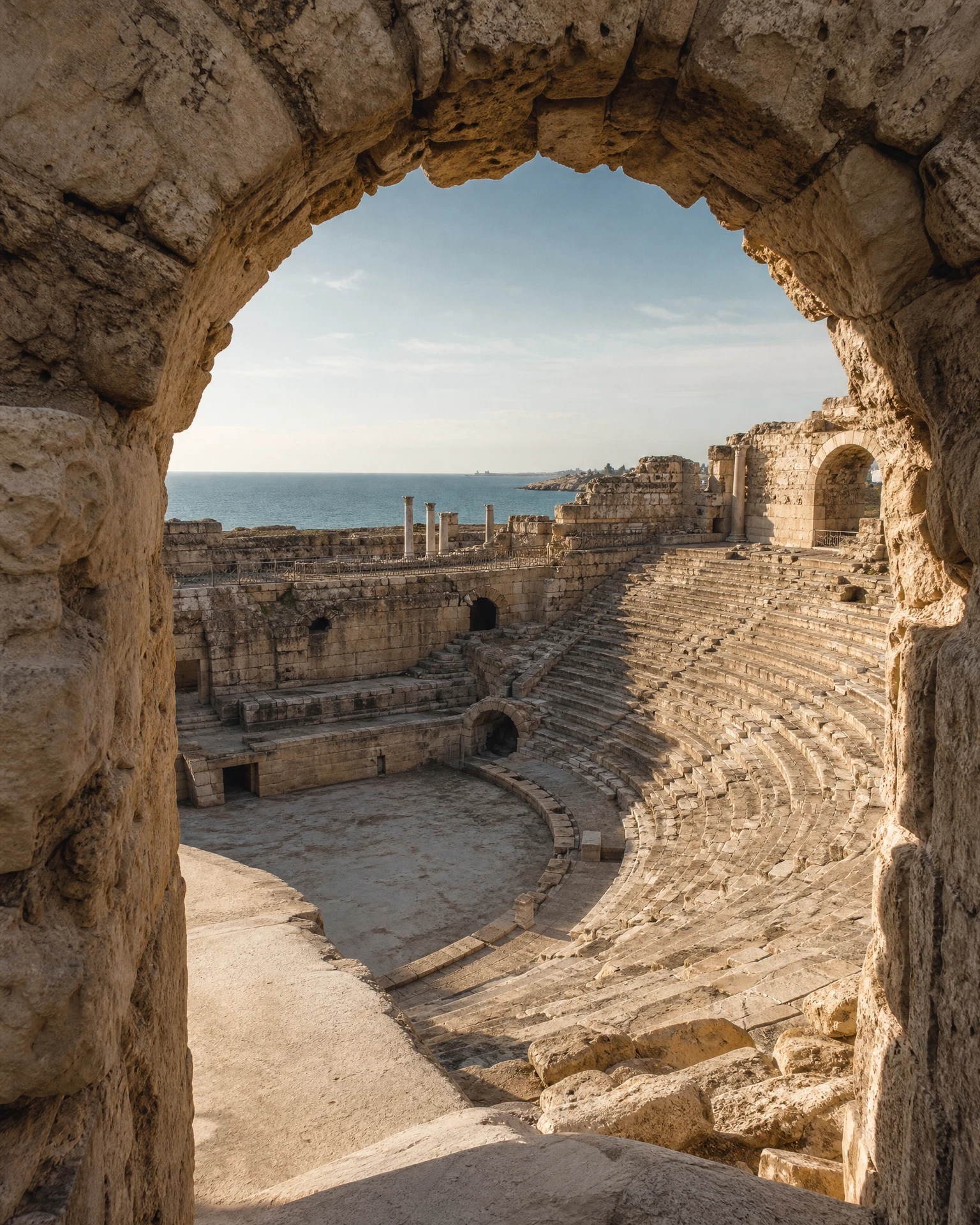 Vista de un teatro romano desde un arco de piedra